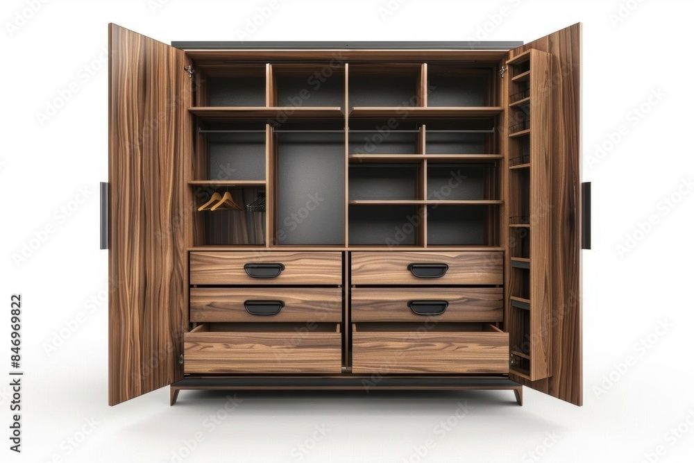 Modern wooden wardrobe with open doors and drawers. Modern wooden wardrobe with open doors and drawers.