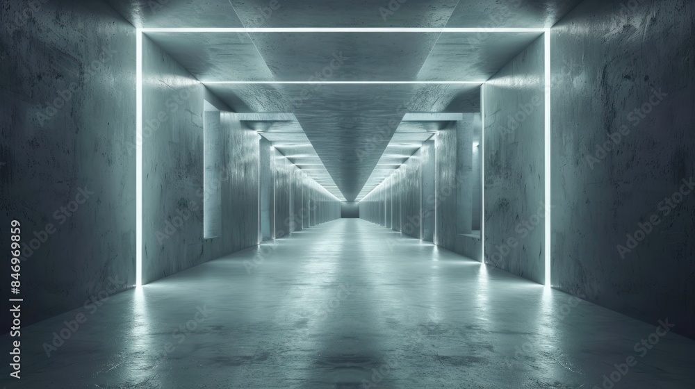 Illustration Sci-fi 3D inspired futuristic tunnel in a grunge concrete setting, with reflective flooring and glowing blue-white LED lights. Ai generated image Illustration Sci-fi 3D inspired futuristic tunnel in a grunge concrete setting, with reflective flooring and glowing blue-white LED lights. Ai generated image