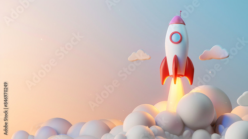 Colorful 3D Cartoon Rocket Soaring with Copy Space, Start-Up Business Concept. Stock Illustration in 3D Rendering Style.