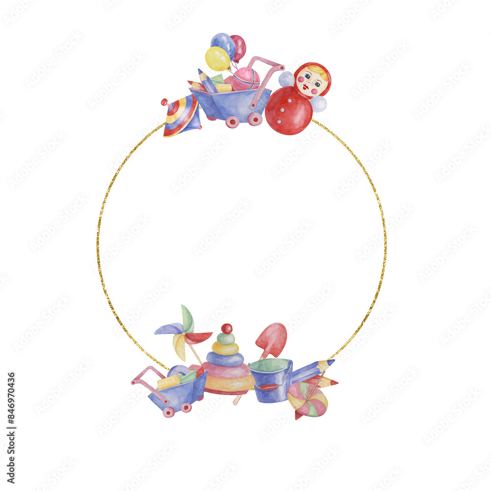Obraz premium Toys round frame template, doll with pinwheel, humming top, balloons, blue cart and pencils. Watercolor play objects for birthday, gender reveal, baptism, birth announcement cards, playdate invitation
