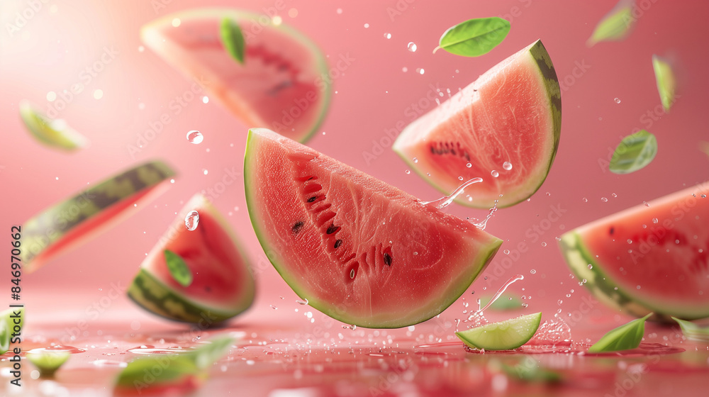 Pieces of fresh juicy watermelon falling on a pink background Pieces of fresh juicy watermelon falling on a pink background