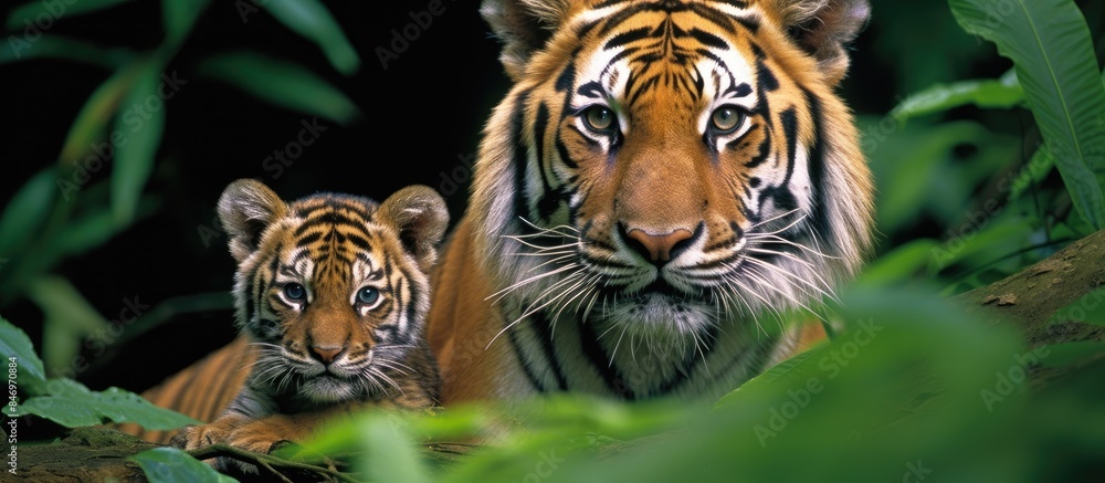 Φωτογραφία Pair of majestic tigers, one female Sumatran tiger and a cub, standing amidst lush green grass in their natural habitat