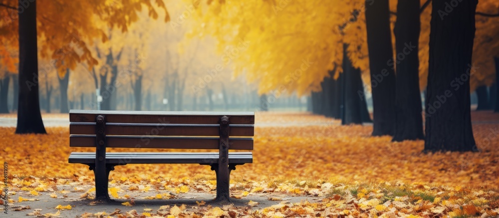 Park bench covered with yellow leaves during the autumn season, creating a vibrant and cozy atmosphere. with copy space image. Place for adding text or design