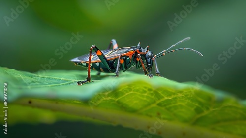 Eastern Bloodsucking Conenose Kissing Bug Triatoma sanguisuga on leaf dangerous insect Chagas disease pest control nature Springtime dorsal : Generative AI photo
