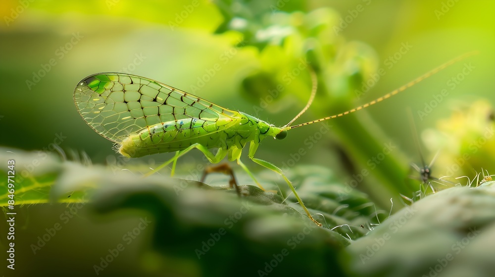 Green Lacewing Chrysopa perla hunting for aphids It is an insect in the Chrysopidae family The larvae are active predators and feed on aphids and other small insects : Generative AI Green Lacewing Chrysopa perla hunting for aphids It is an insect in the Chrysopidae family The larvae are active predators and feed on aphids and other small insects : Generative AI