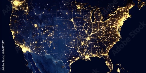 Nighttime satellite image of the United States showing city lights and activity. Concept Satellite imagery, Night photography, United States, City lights, Urban activity