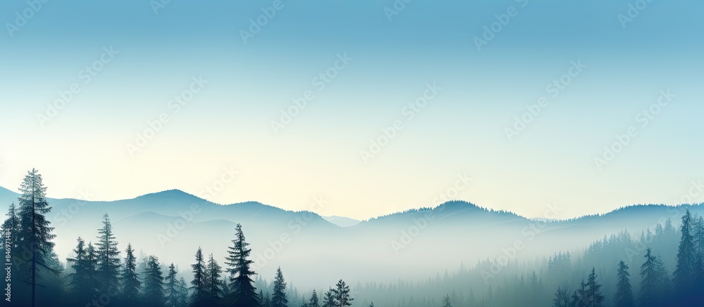 Fototapeta premium Silhouetted misty mountains against blue sky and green forest with pines and fir trees create a desire to camp in the wild. with copy space image. Place for adding text or design