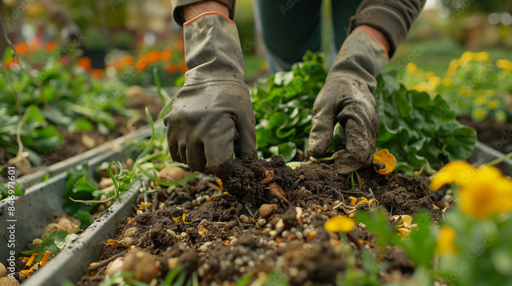 Fototapeta premium Working in a community garden. compost full of microorganisms.Gardening and agriculture concept.
