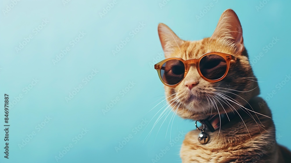 Portrait of cute ginger cat in stylish sunglasses on light blue background closeup : Generative AI