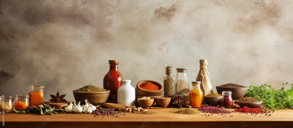 Fototapeta premium Assorted collection of different spices and herbs neatly displayed on a tabletop. with copy space image. Place for adding text or design