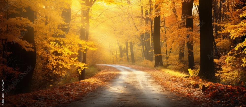 An overgrown pathway in the autumn forest with a carpet of yellow leaves on the ground. with copy space image. Place for adding text or design An overgrown pathway in the autumn forest with a carpet of yellow leaves on the ground. with copy space image. Place for adding text or design