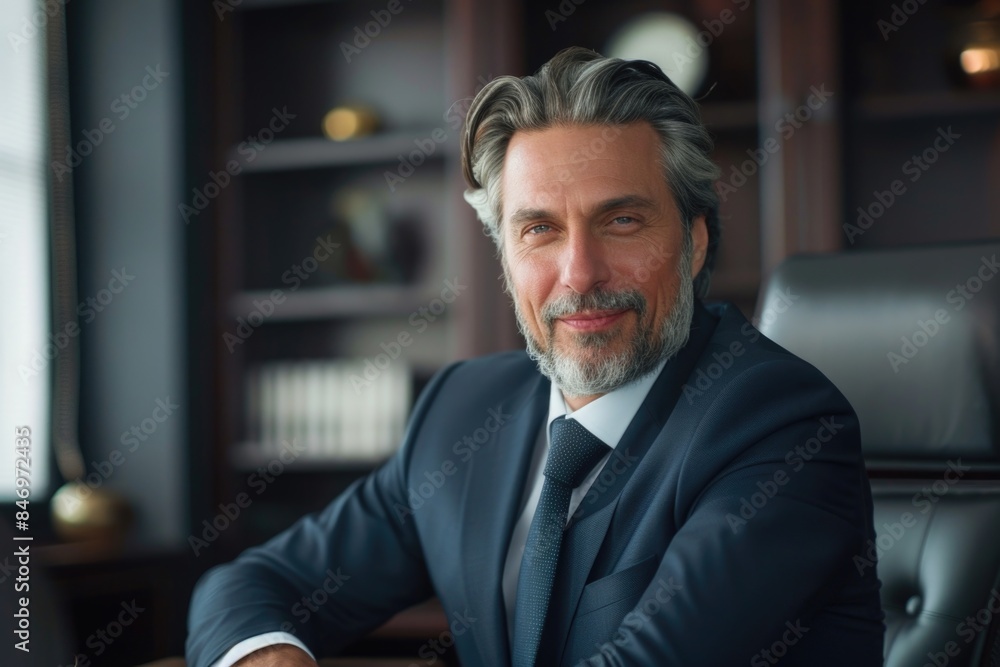 A man in a suit sits at a desk with a serious expression A man in a suit sits at a desk with a serious expression