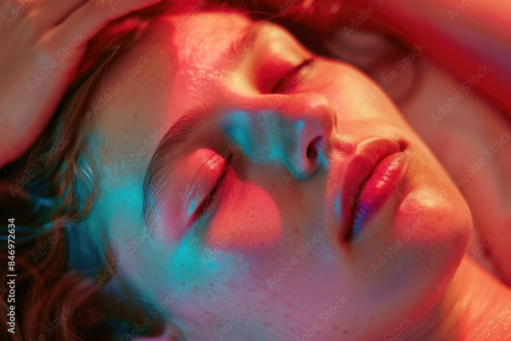 Fototapeta premium A close-up shot of a woman's face with her eyes closed, suitable for use in editorial or commercial contexts where a contemplative or introspective atmosphere is desired
