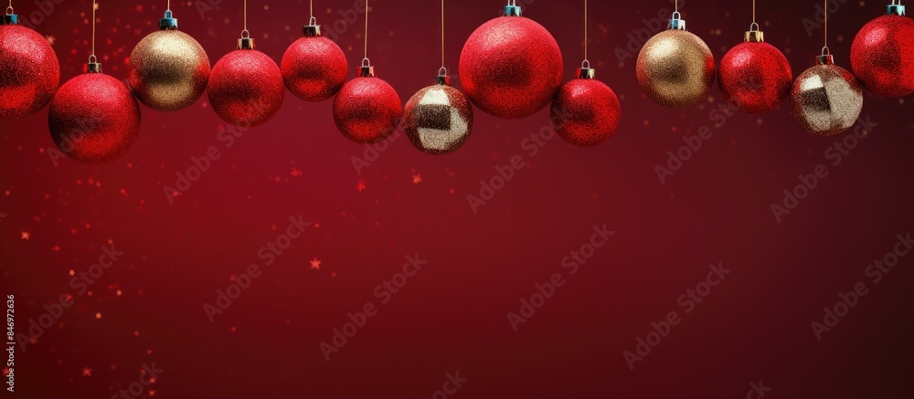 Several vibrant red Christmas balls hanging elegantly in a festive display. with copy space image. Place for adding text or design Several vibrant red Christmas balls hanging elegantly in a festive display. with copy space image. Place for adding text or design