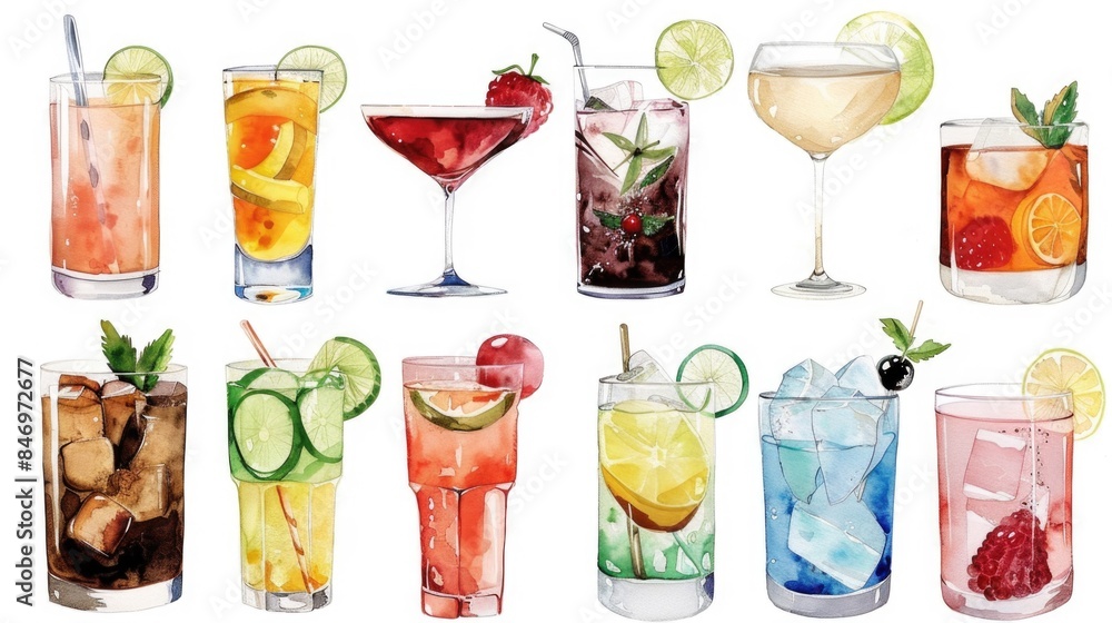 A selection of mixed drink glasses with colorful ingredients and garnishes A selection of mixed drink glasses with colorful ingredients and garnishes
