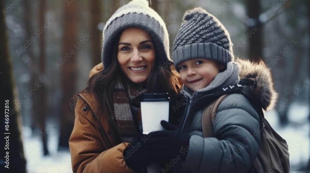 A mother and her young son standing together in the snowy landscape, bundled up for cold weather A mother and her young son standing together in the snowy landscape, bundled up for cold weather