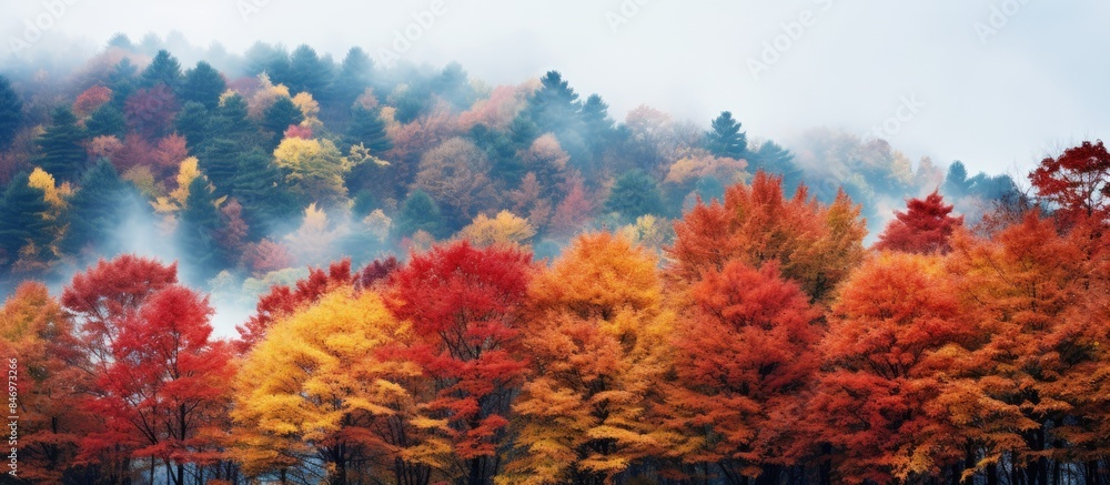 Maple trees on the hill displaying their colorful autumn leaves in a picturesque setting. with copy space image. Place for adding text or design Maple trees on the hill displaying their colorful autumn leaves in a picturesque setting. with copy space image. Place for adding text or design