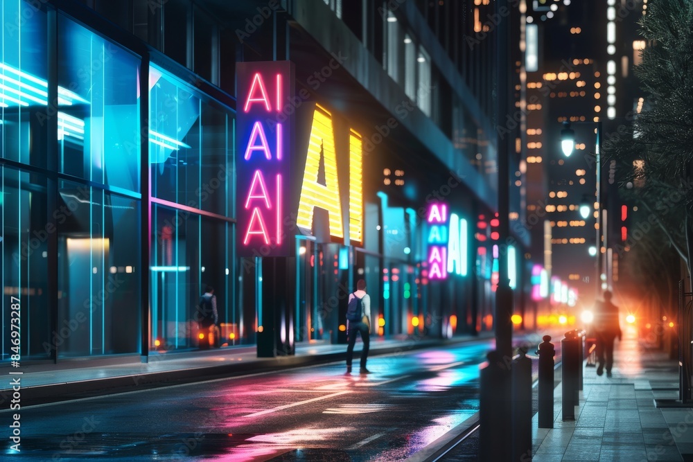 Obraz premium AI signs in neon cityscape, digital art, technology innovation, artificial intelligence, high tech visuals, cyberpunk theme, modern design