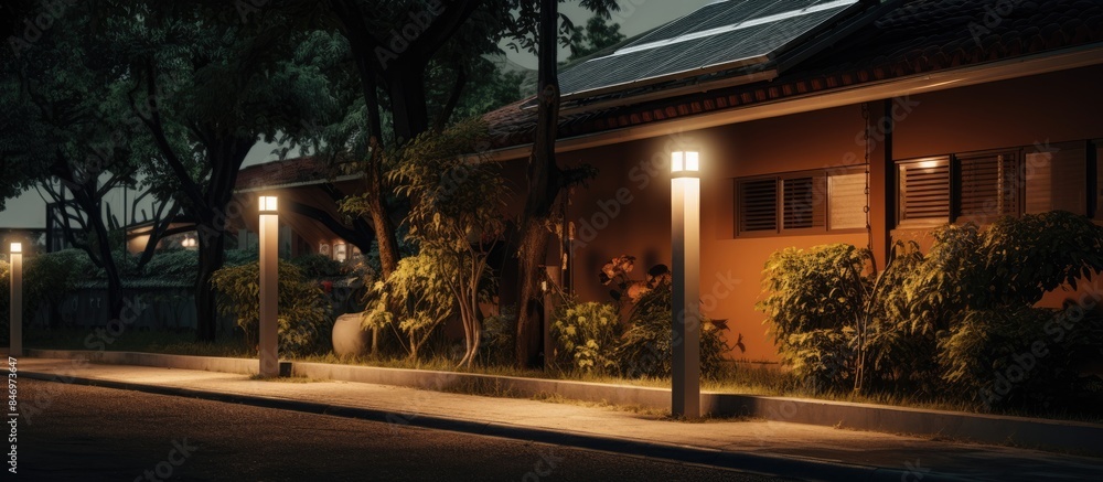Residential street at night illuminated by solar street lighting in front of a guest house. with copy space image. Place for adding text or design