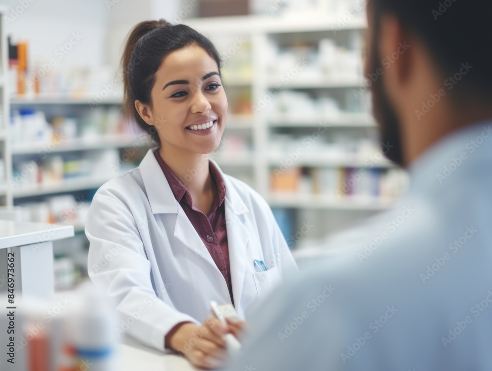 Two pharmacists discussing prescription, likely in a professional setting