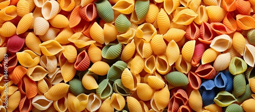 Obraz  z motywem Assortment of vibrant colored pasta close-up, forming a colorful mix of raw noodles in a pile on a table. with copy space image. Place for adding text or design