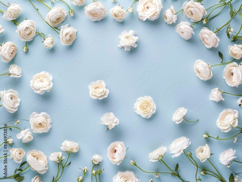 White flowers arranged in a circular pattern on a blue background, suitable for use as a decorative element or symbol White flowers arranged in a circular pattern on a blue background, suitable for use as a decorative element or symbol