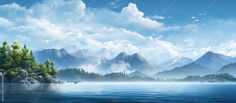 A peaceful mountain lake with a solitary boat in the center surrounded by majestic peaks and clear blue skies. with copy space image. Place for adding text or design A peaceful mountain lake with a solitary boat in the center surrounded by majestic peaks and clear blue skies. with copy space image. Place for adding text or design