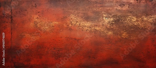 Rusty metal texture against a red background, showcasing oxidation and decay. with copy space image. Place for adding text or design