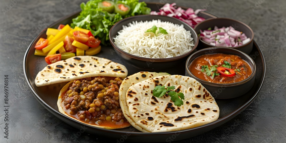 A Platter Featuring Rajma Masala, Roti, Dal, Jeera Rice, and Salad. Concept Indian Food, Vegetarian Cuisine, Healthy Eating, Meal Presentation, Flavorful Vegetables A Platter Featuring Rajma Masala, Roti, Dal, Jeera Rice, and Salad. Concept Indian Food, Vegetarian Cuisine, Healthy Eating, Meal Presentation, Flavorful Vegetables