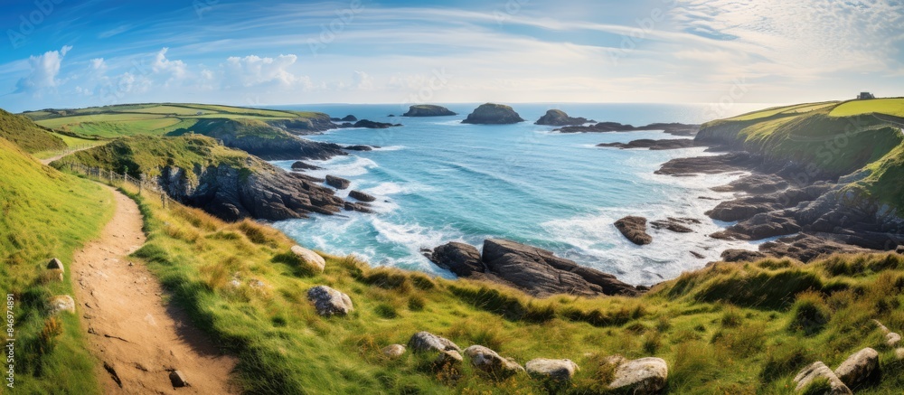 A scenic view of a tranquil path guiding towards the ocean under the bright sun. with copy space image. Place for adding text or design