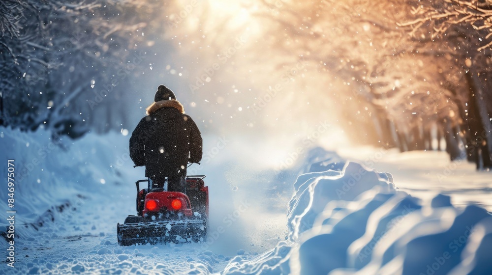 A person operating a snow blower in snowy environment A person operating a snow blower in snowy environment