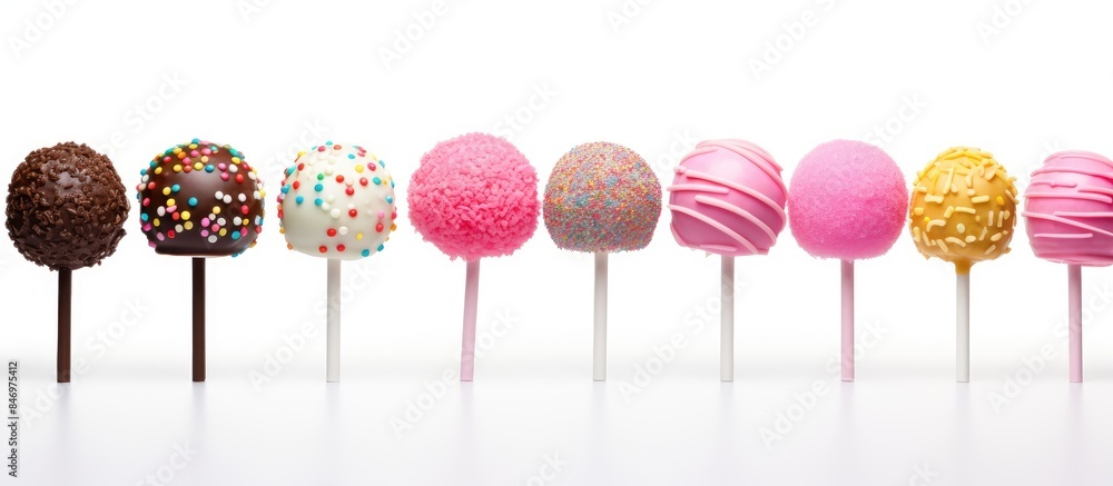 Various delicious cake pops displayed close up, each topped with different toppings, isolated on a white background. with copy space image. Place for adding text or design Various delicious cake pops displayed close up, each topped with different toppings, isolated on a white background. with copy space image. Place for adding text or design