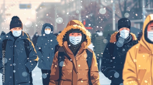 A group of people wearing masks in a snowy environment, possibly for a winter festival or holiday photo