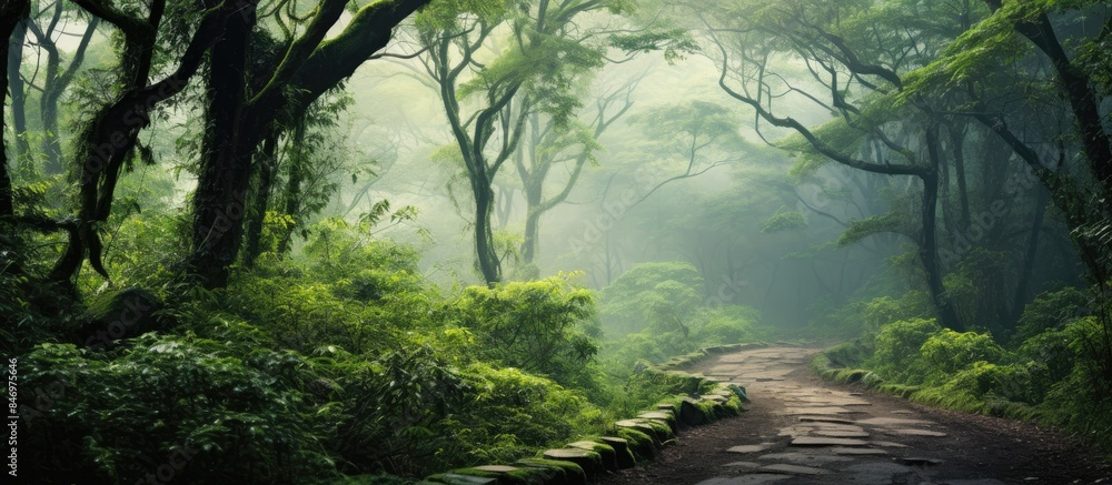 Winding stone path cuts through the misty spring forest, creating a tranquil and mysterious atmosphere. with copy space image. Place for adding text or design Winding stone path cuts through the misty spring forest, creating a tranquil and mysterious atmosphere. with copy space image. Place for adding text or design