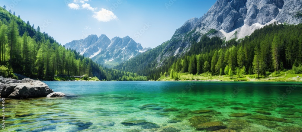 Mountain lake surrounded by rocky terrain, showcasing crystal clear waters reflecting the natural beauty of the landscape. with copy space image. Place for adding text or design