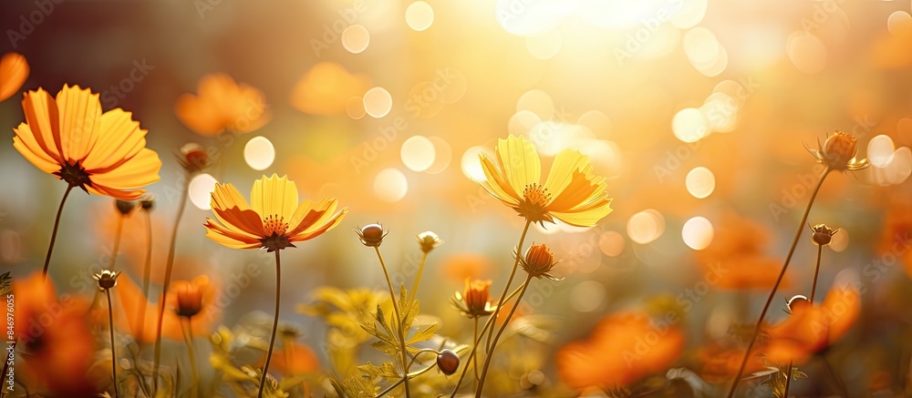 Vivid orange flowers with pollen-laden petals glowing in the early morning sunlight during summer. with copy space image. Place for adding text or design Vivid orange flowers with pollen-laden petals glowing in the early morning sunlight during summer. with copy space image. Place for adding text or design