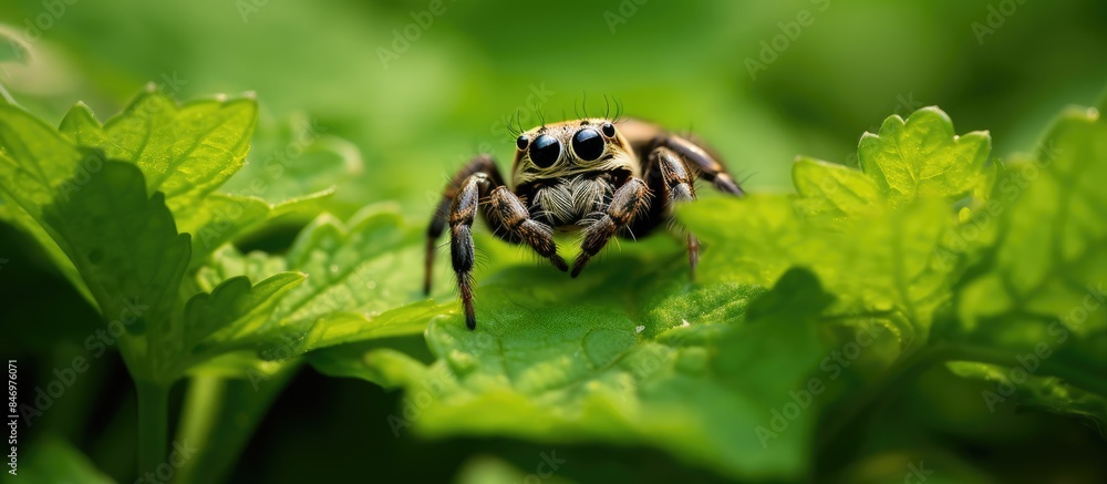 Tiny jumping spider in search of prey among the foliage. with copy space image. Place for adding text or design Tiny jumping spider in search of prey among the foliage. with copy space image. Place for adding text or design