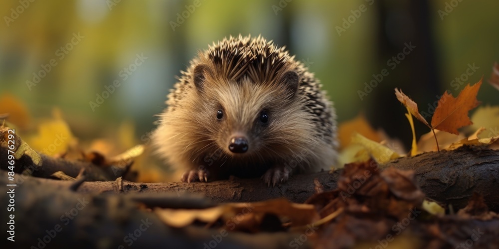 A hedge sits atop a pile of dry leaves, with the autumn foliage in the background A hedge sits atop a pile of dry leaves, with the autumn foliage in the background