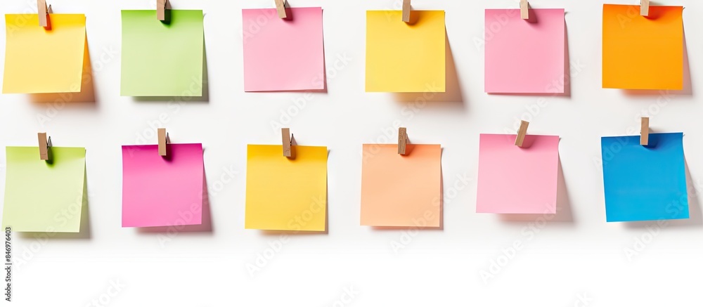 Colorful reminder notes are displayed on a clothesline against a white background. with copy space image. Place for adding text or design Colorful reminder notes are displayed on a clothesline against a white background. with copy space image. Place for adding text or design