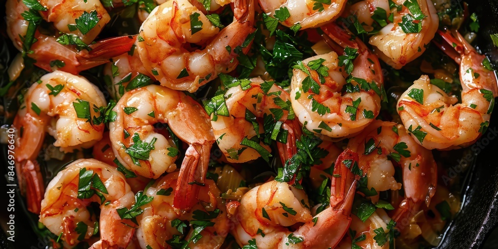 Freshly cooked shrimp served in a skillet with parsley garnish, perfect for seafood dishes or appetizers Freshly cooked shrimp served in a skillet with parsley garnish, perfect for seafood dishes or appetizers