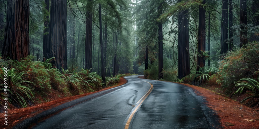 Naklejka premium Landscape Photography, Road Through Redwood Forest in Foggy Conditions