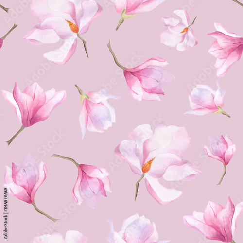 Watercolor magnolia seamless floral pattern For lilac wallpaper wrapping textile pastel pink print beauty decoration postcard design Background Scrapbooking Botanical ornament Spring flower Bloom Bud