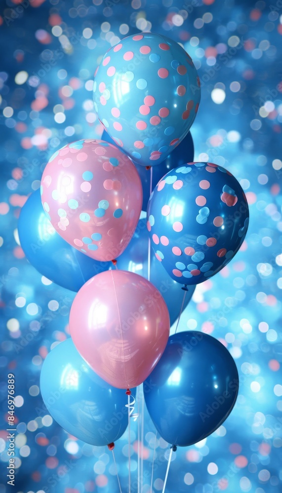 Colorful balloons on blue bokeh background with pink and blue balloons, confetti, sparkles Colorful balloons on blue bokeh background with pink and blue balloons, confetti, sparkles
