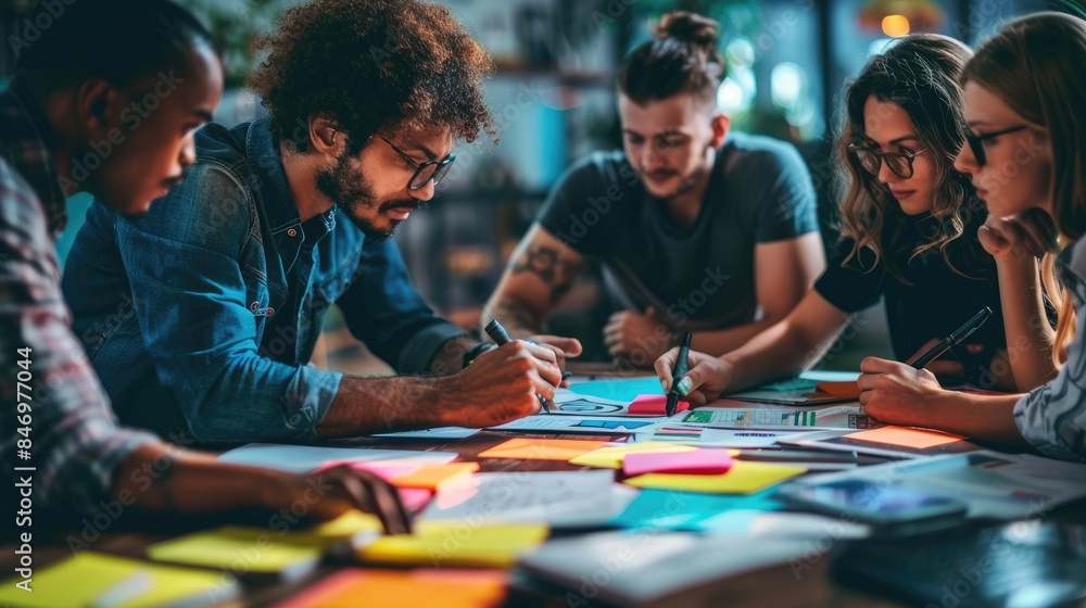 A diverse team of young professionals collaborates on a project, brainstorming ideas and working together in a modern office setting. A diverse team of young professionals collaborates on a project, brainstorming ideas and working together in a modern office setting.