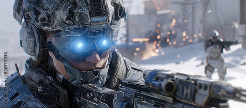 In the game, an avatar wearing futuristic combat gear and helmet with goggles is holding a rifle while in full military equipment