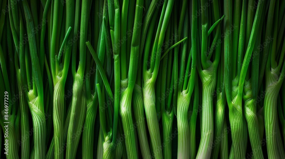Close-up of fresh green onions. The vibrant green stems and white roots create a beautiful texture and color contrast in this vegetable photo. Close-up of fresh green onions. The vibrant green stems and white roots create a beautiful texture and color contrast in this vegetable photo.
