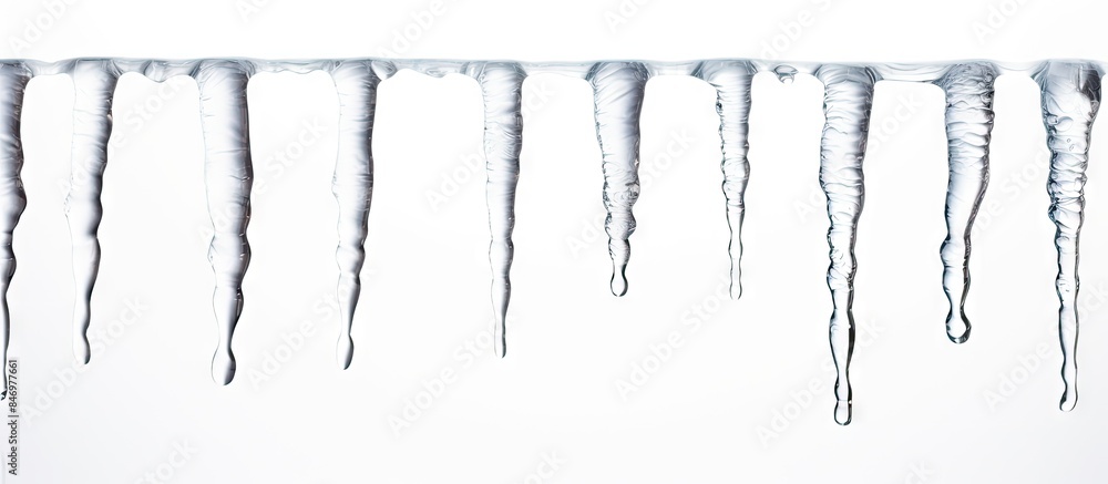 Obraz premium Icicles on a roof melting in the snow, creating a drip as they thaw in the winter weather. with copy space image. Place for adding text or design