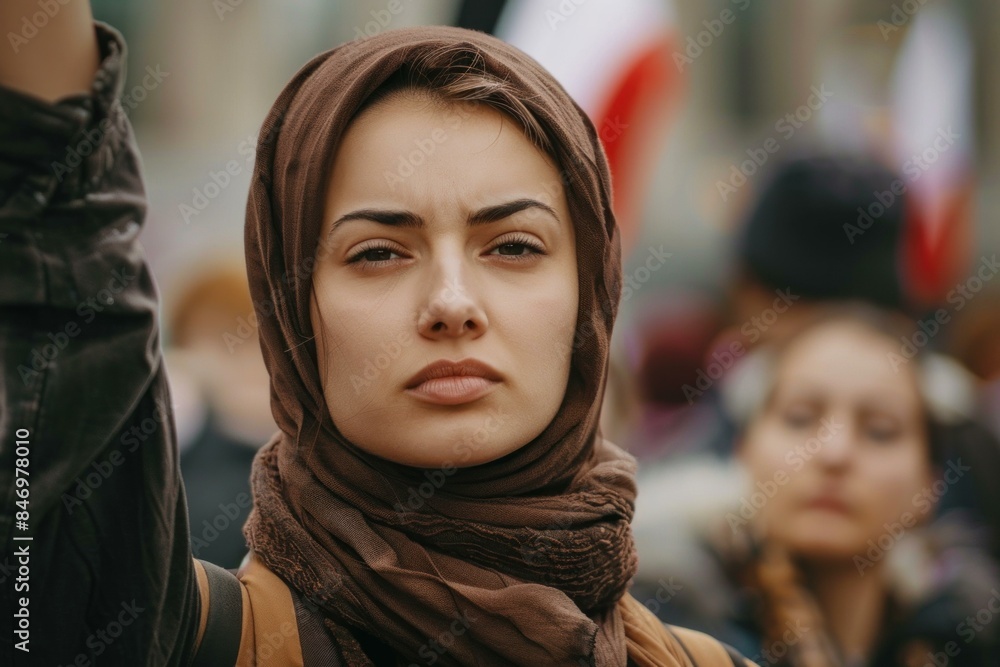 Closeup of a determined young woman wearing a hijab at a public event, looking into the distance Closeup of a determined young woman wearing a hijab at a public event, looking into the distance
