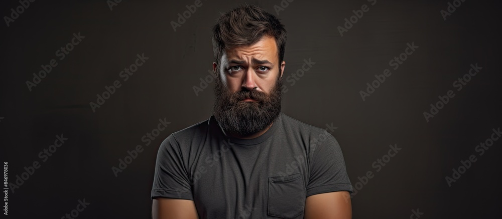 Obraz premium A man sporting a beard, wearing a black shirt, appears to be feeling sad and offended with a frowning expression on his face. with copy space image. Place for adding text or design