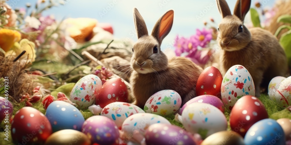 Two bunnies sit surrounded by colorful Easter eggs, a symbol of spring and celebration Two bunnies sit surrounded by colorful Easter eggs, a symbol of spring and celebration